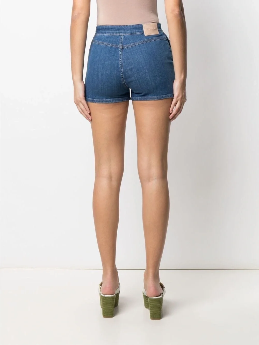 High-Rise Blue Denim Shorts with Side Embroidered Trim - Picture 3 of 4